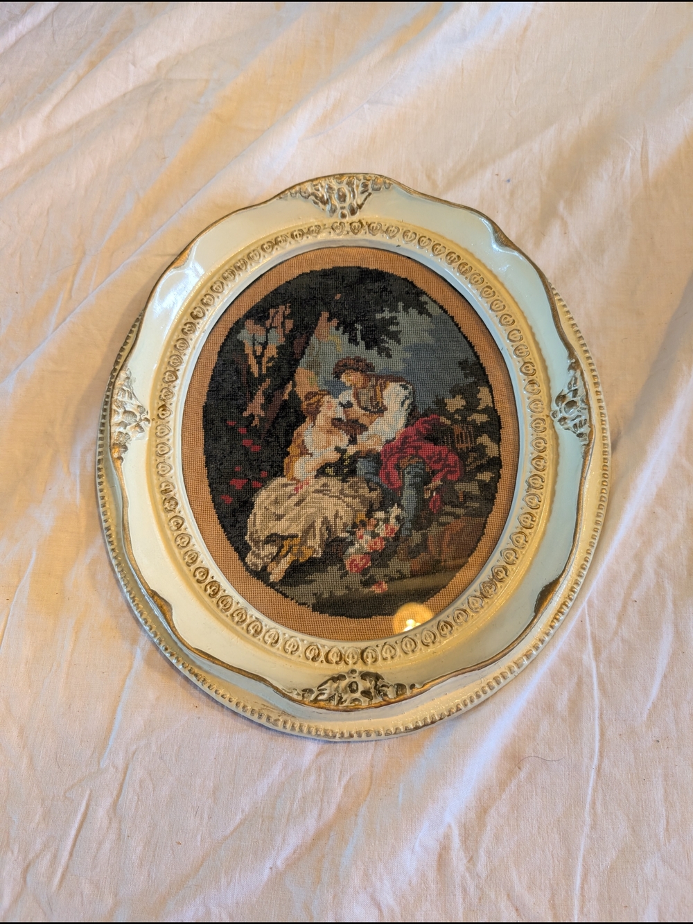 2/80$ Vintage Romantic Needlepoint Wall Art in Cream, Black, Red, Green
